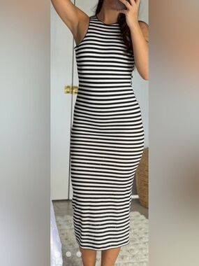 Zara Black and White Striped Sleeveless Ribbed Midi Dress